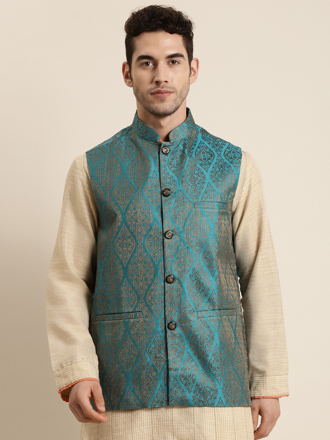 

Sojanya Men Teal Blue & Golden Woven Design Nehru Jacket