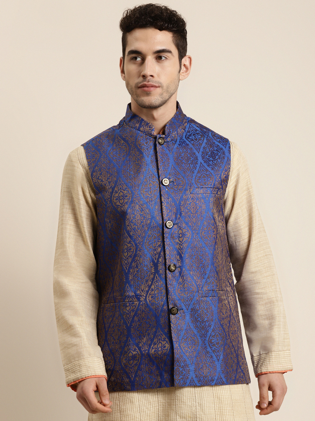 

Sojanya Men Blue & Gold Woven Design Nehru Jacket