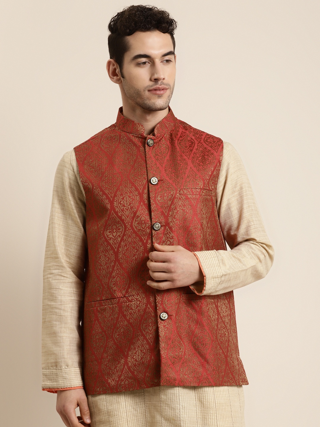 

Sojanya Men Rust Red & Golden Woven Design Nehru Jacket