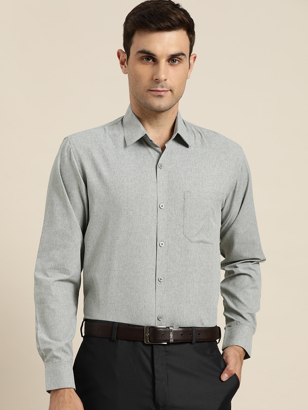 

SOJANYA Men Grey Melange Cotton Classic Regular Fit Solid Formal Shirt