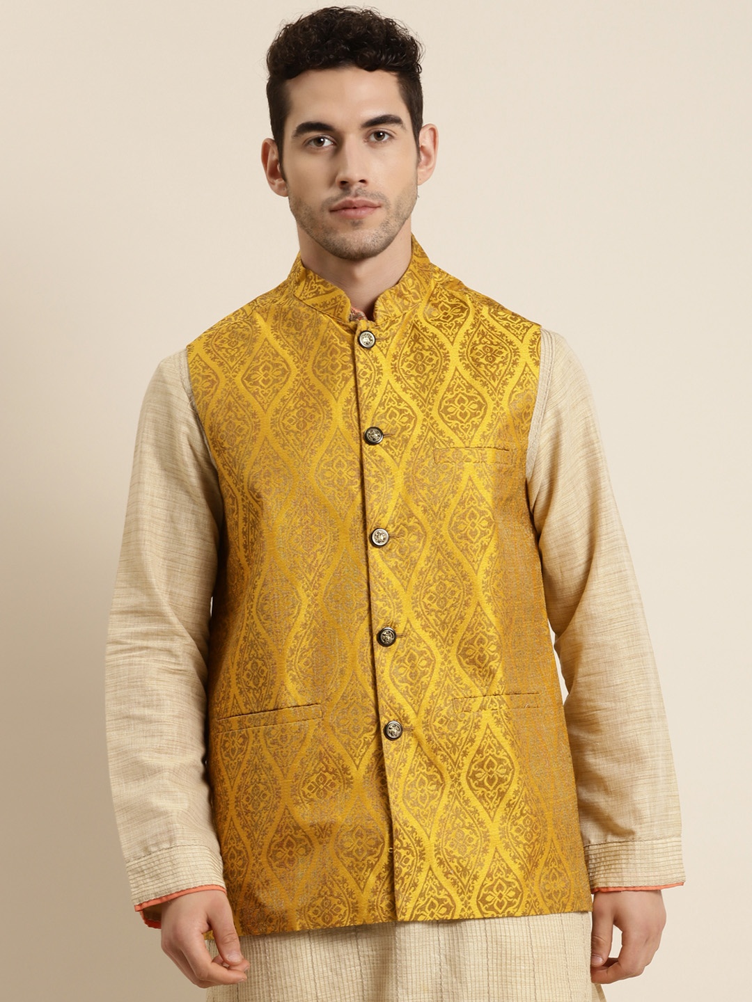 

Sojanya Men Mustard Yellow & Golden Woven Design Nehru Jacket