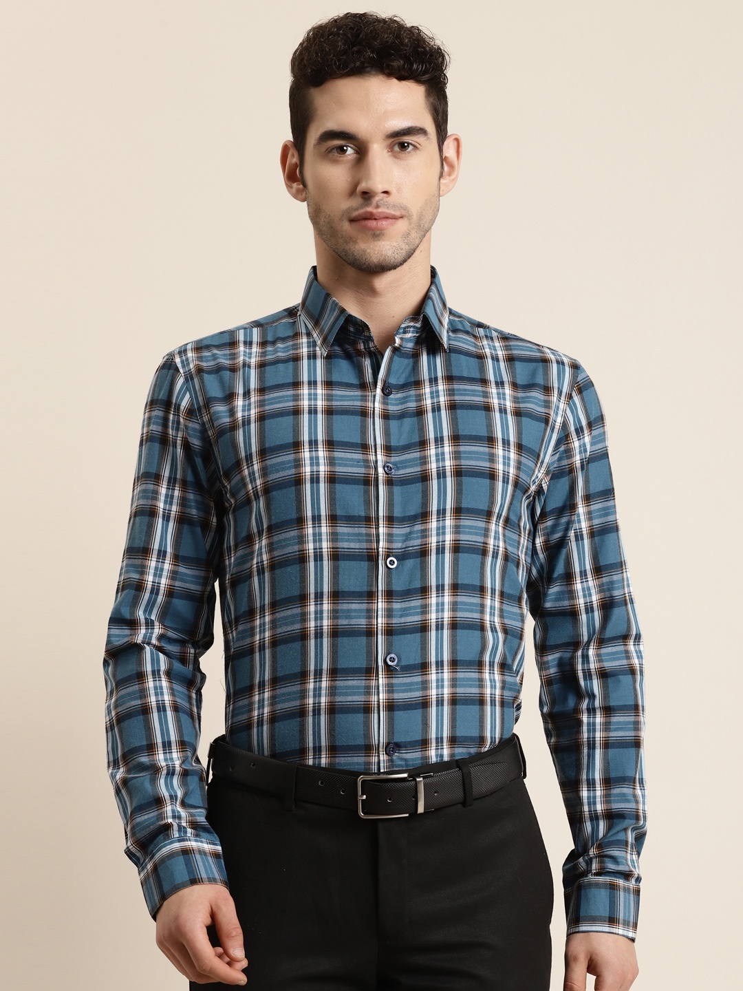 

SOJANYA Men Teal Blue & White Classic Regular Fit Checked Pure Cotton Formal Shirt