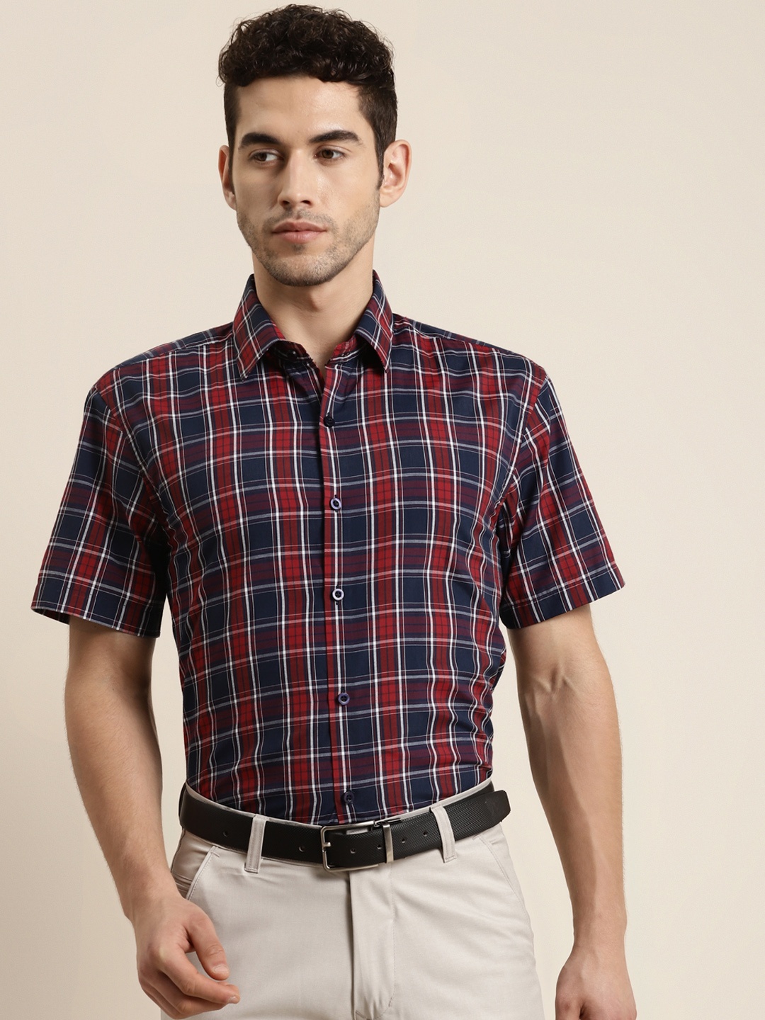 

SOJANYA Men Classic Regular Fit Checked Pure Cotton Formal Shirt, Navy blue