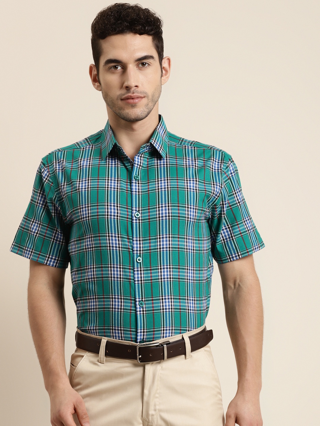 

SOJANYA Men Green & Blue Classic Regular Fit Checked Pure Cotton Formal Shirt