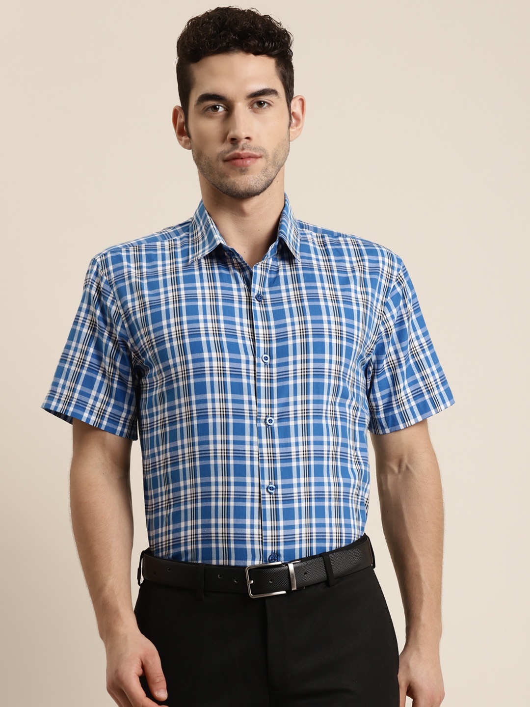 

SOJANYA Men Blue & White Classic Regular Fit Checked Pure Cotton Formal Shirt