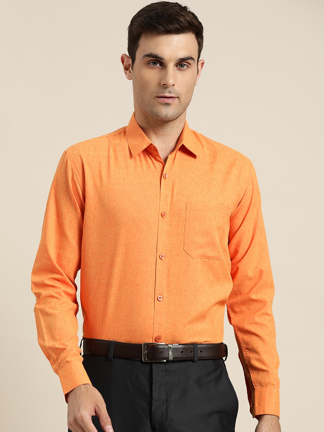 

SOJANYA Men Coral Orange Cotton Classic Regular Fit Solid Formal Shirt