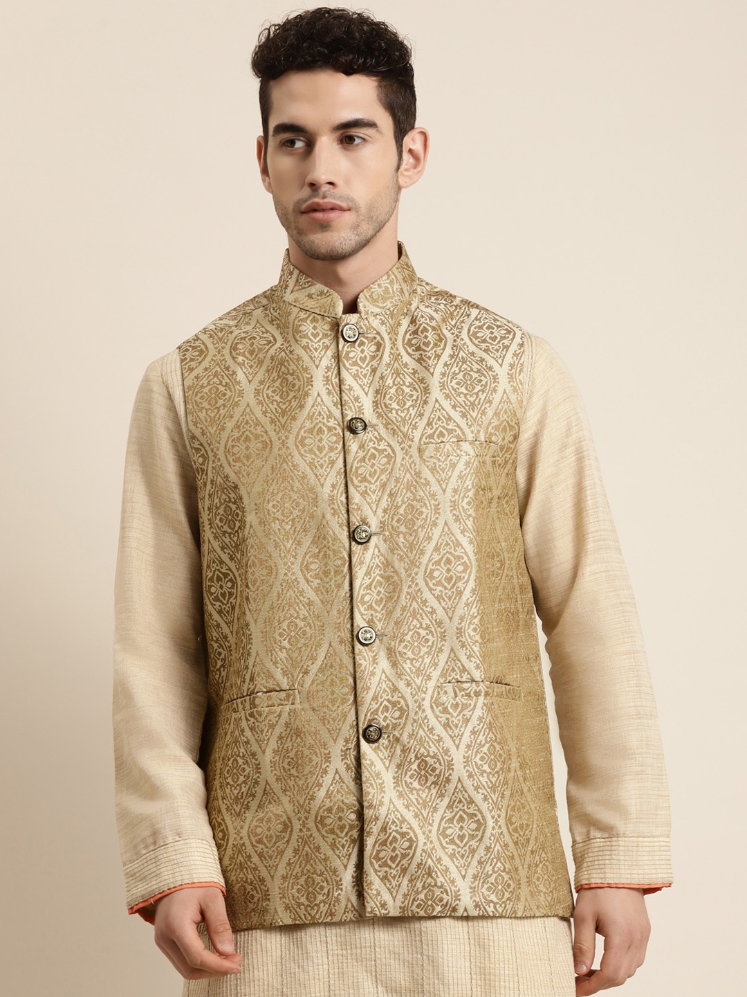 

Sojanya Men Beige & Golden Woven Design Nehru Jacket