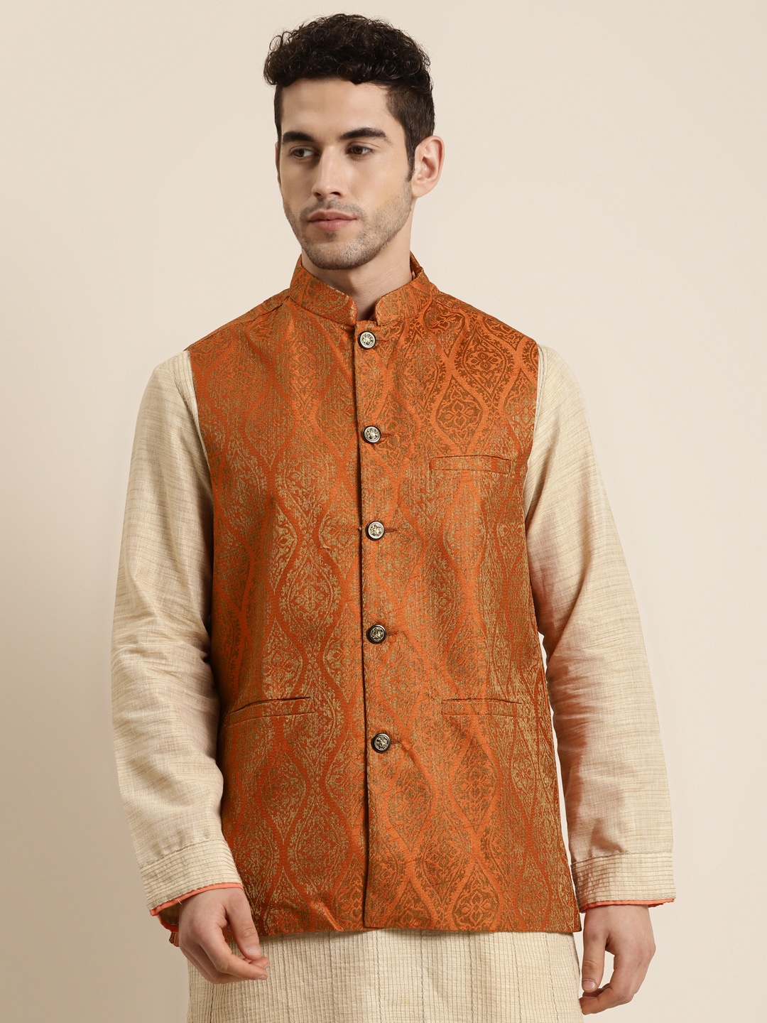 

Sojanya Men Rust Orange & Golden Woven Design Nehru Jacket