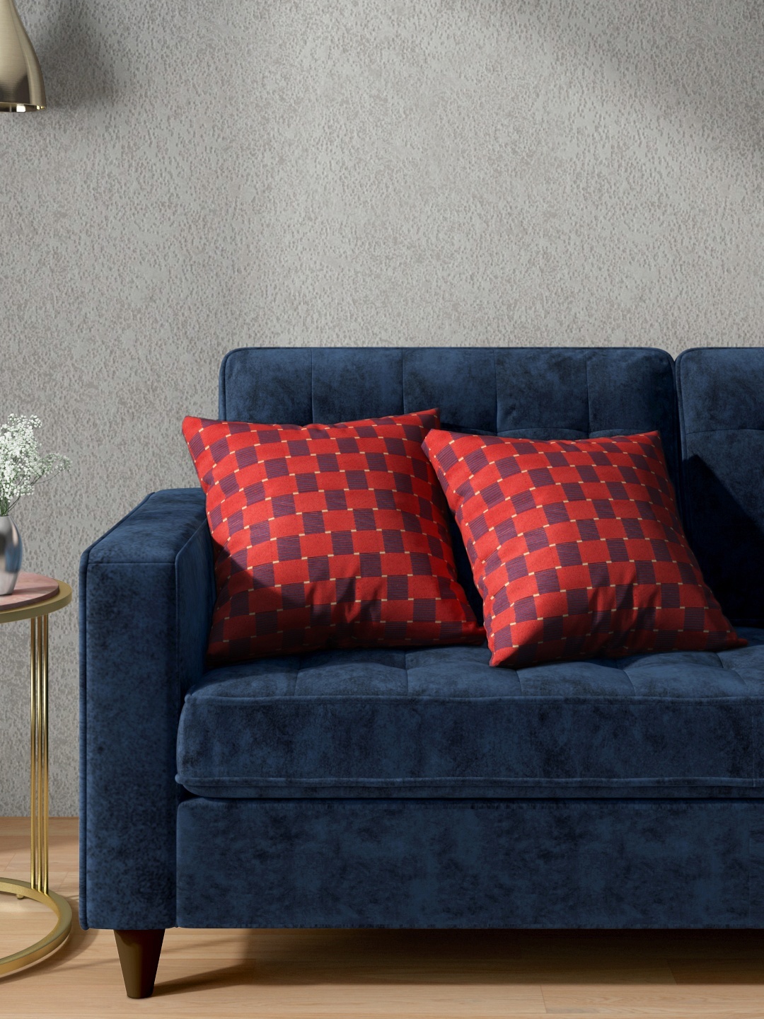 

Aura Red & Navy Blue Set of 2 Checked Woven Design Square Cushion Covers