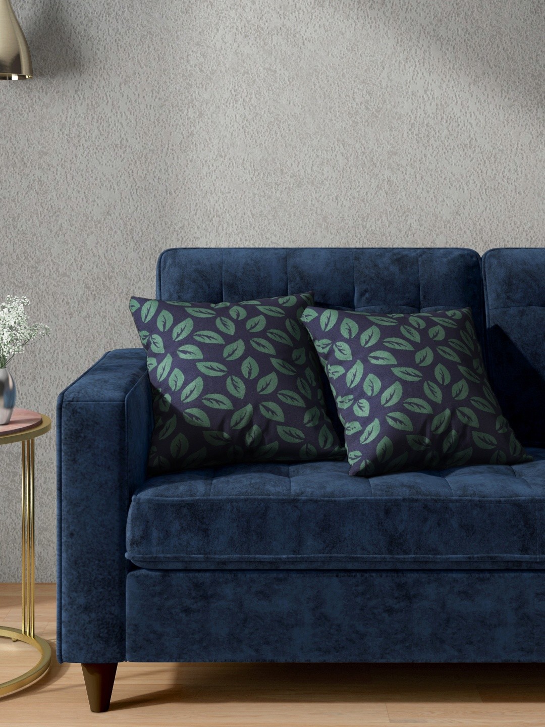 

Aura Navy Blue & Green Set of 2 Leaf Square Cushion Covers
