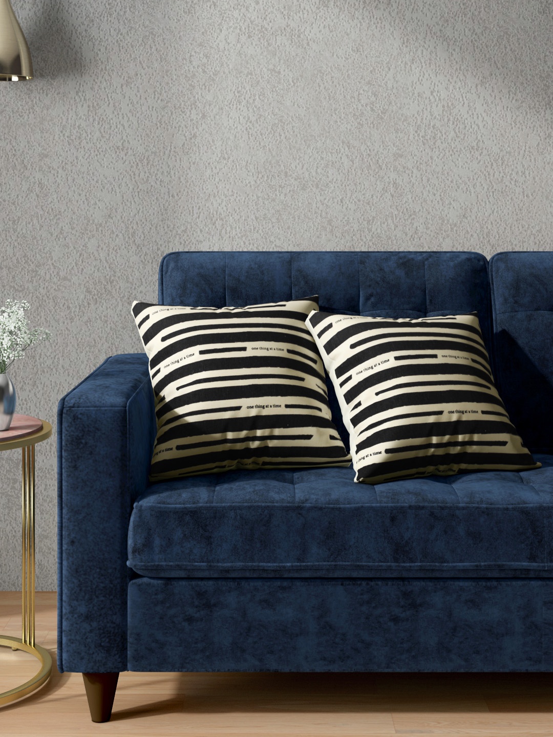 

Aura Cream-Coloured & Black Striped & Typography Print Pure Cotton Square Cushion Covers