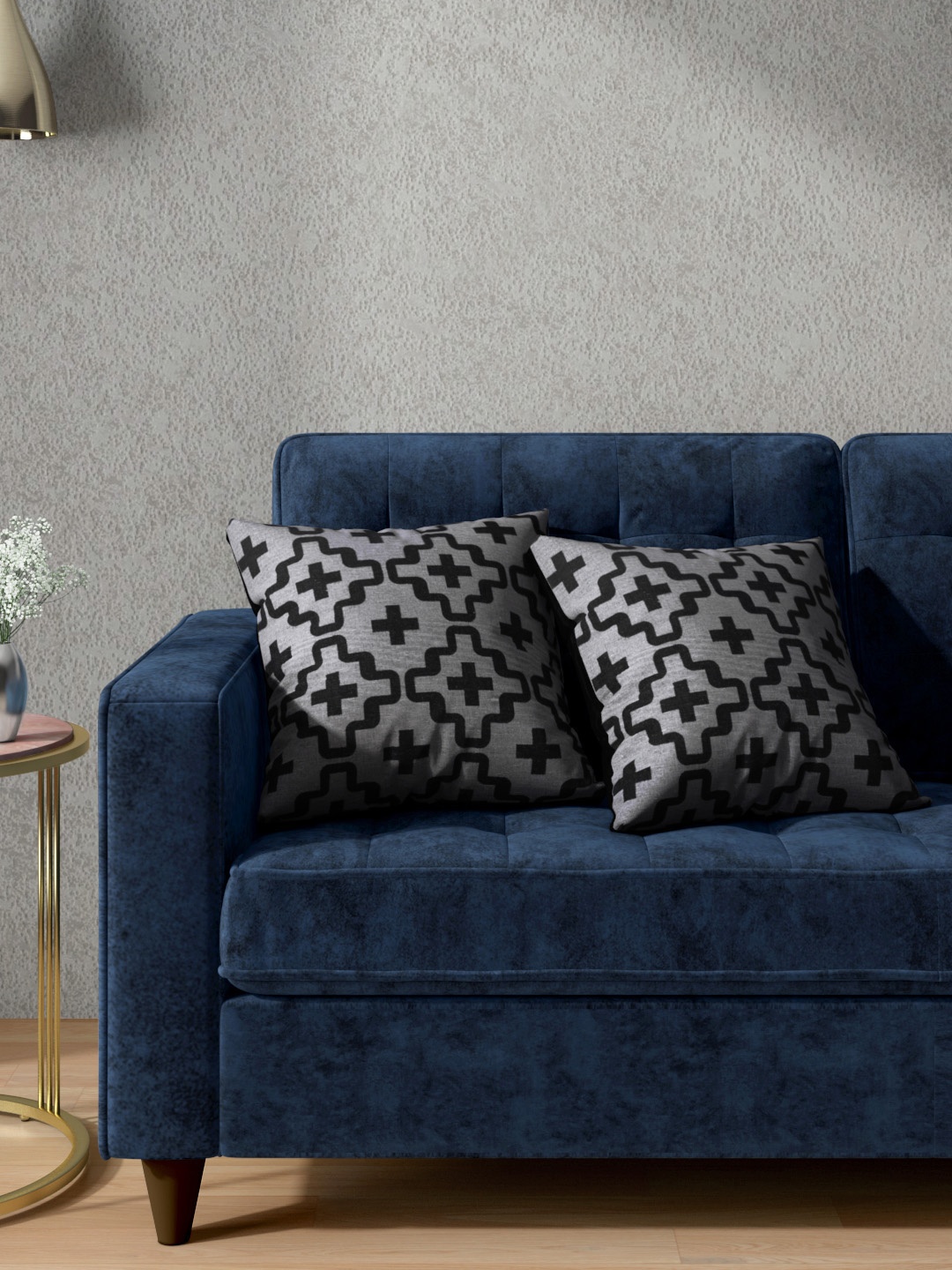 

Aura Set of 2Grey & Black Geometric Print Pure Cotton Square Cushion Covers, Grey