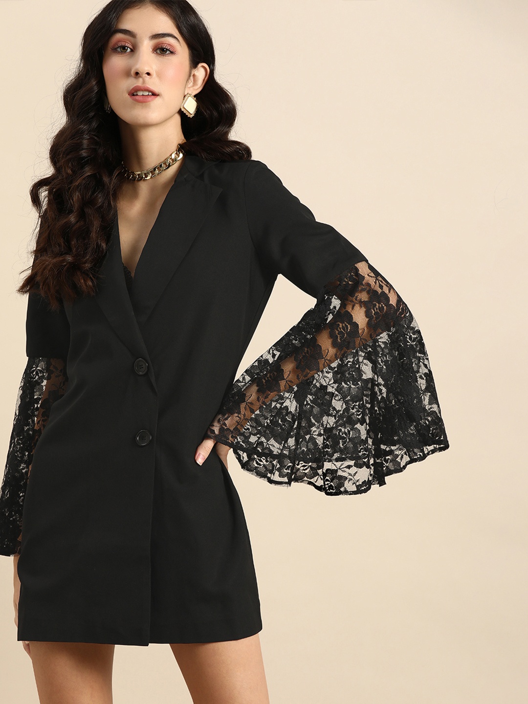 

DODO & MOA Women Black Solid Lace Bell Sleeve Blazer Dress