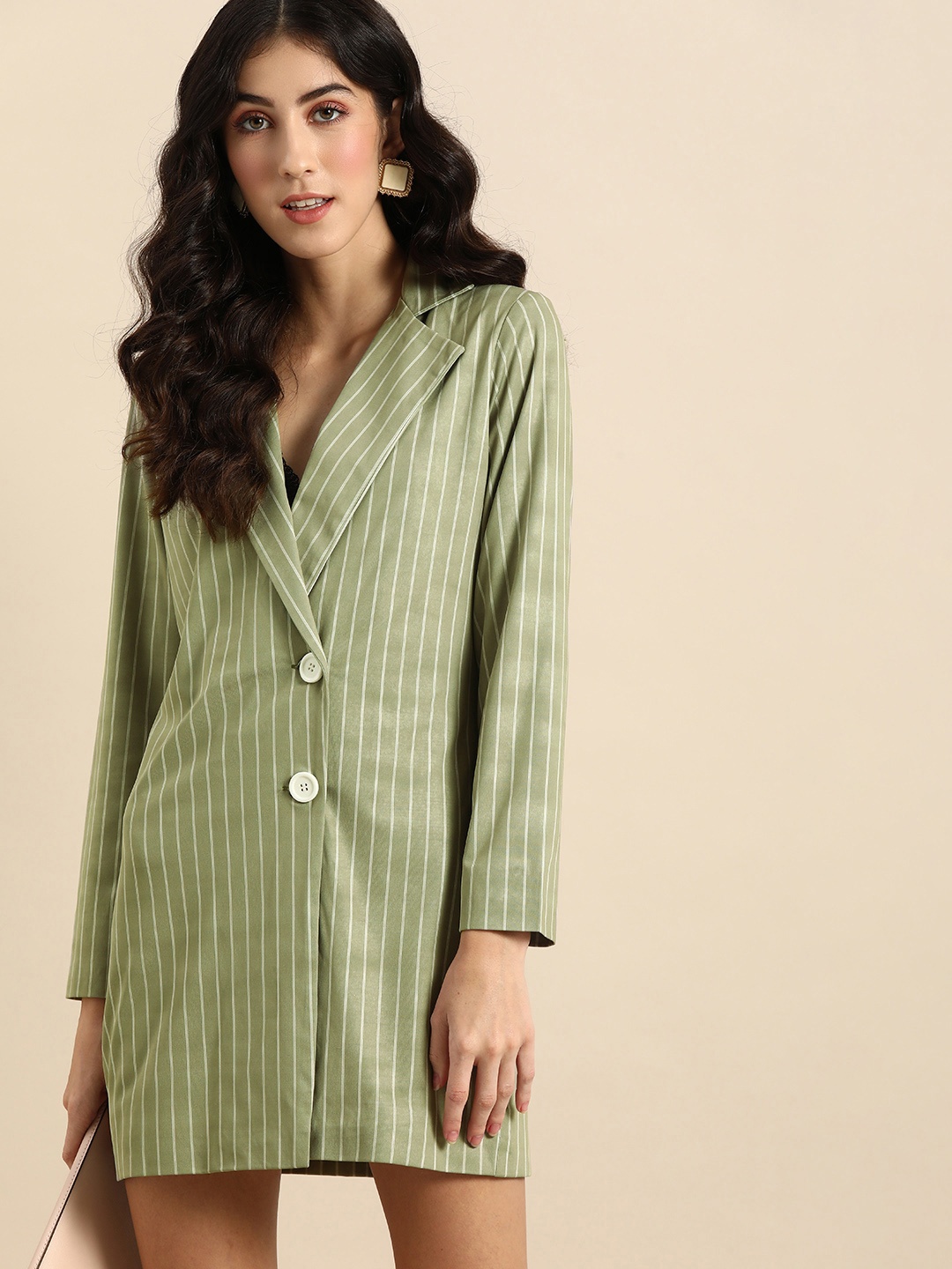 

DODO & MOA Women Olive Green & White Striped Blazer Dress