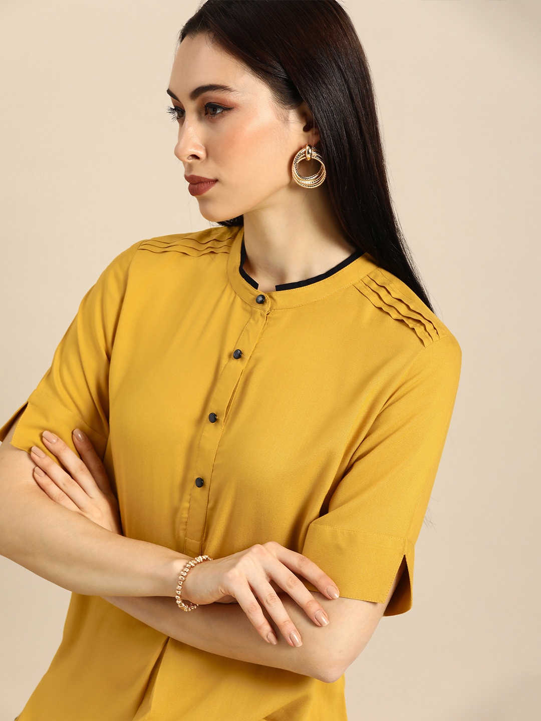 

Anouk Women Mustard Yellow Solid Straight Kurta with Pin-Tuck Detail