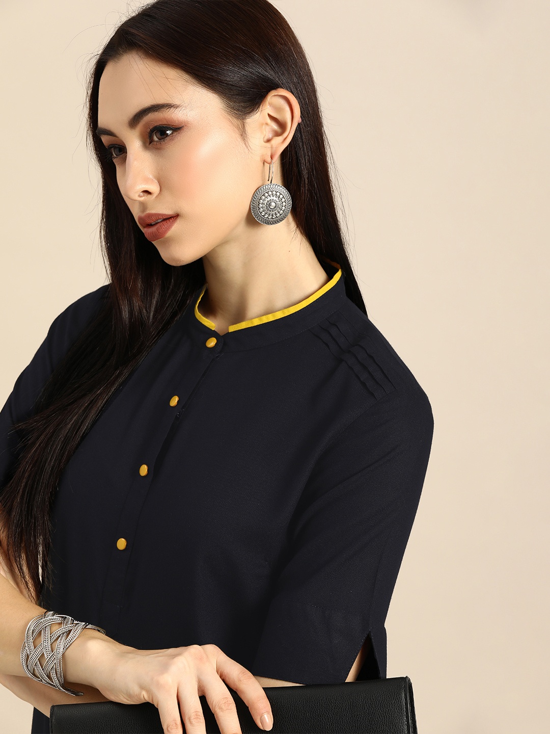 

Anouk Women Navy Blue Solid Straight Kurta with Pin-Tuck Detail