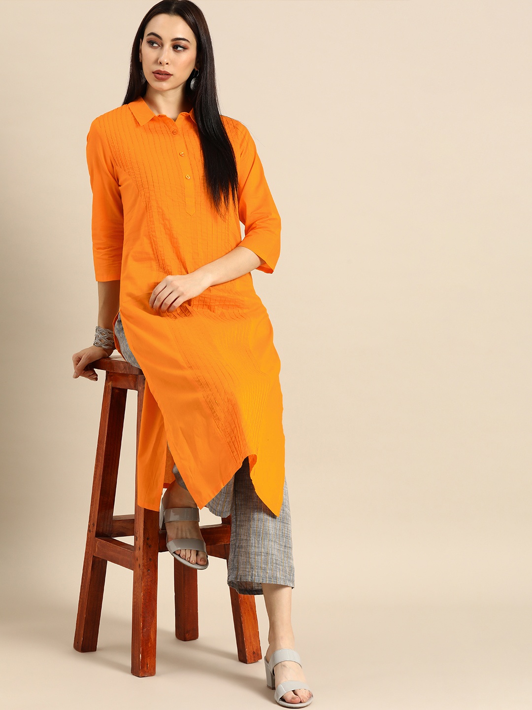 

Anouk Women Mustard Yellow Solid Pin-Tucked Straight Kurta