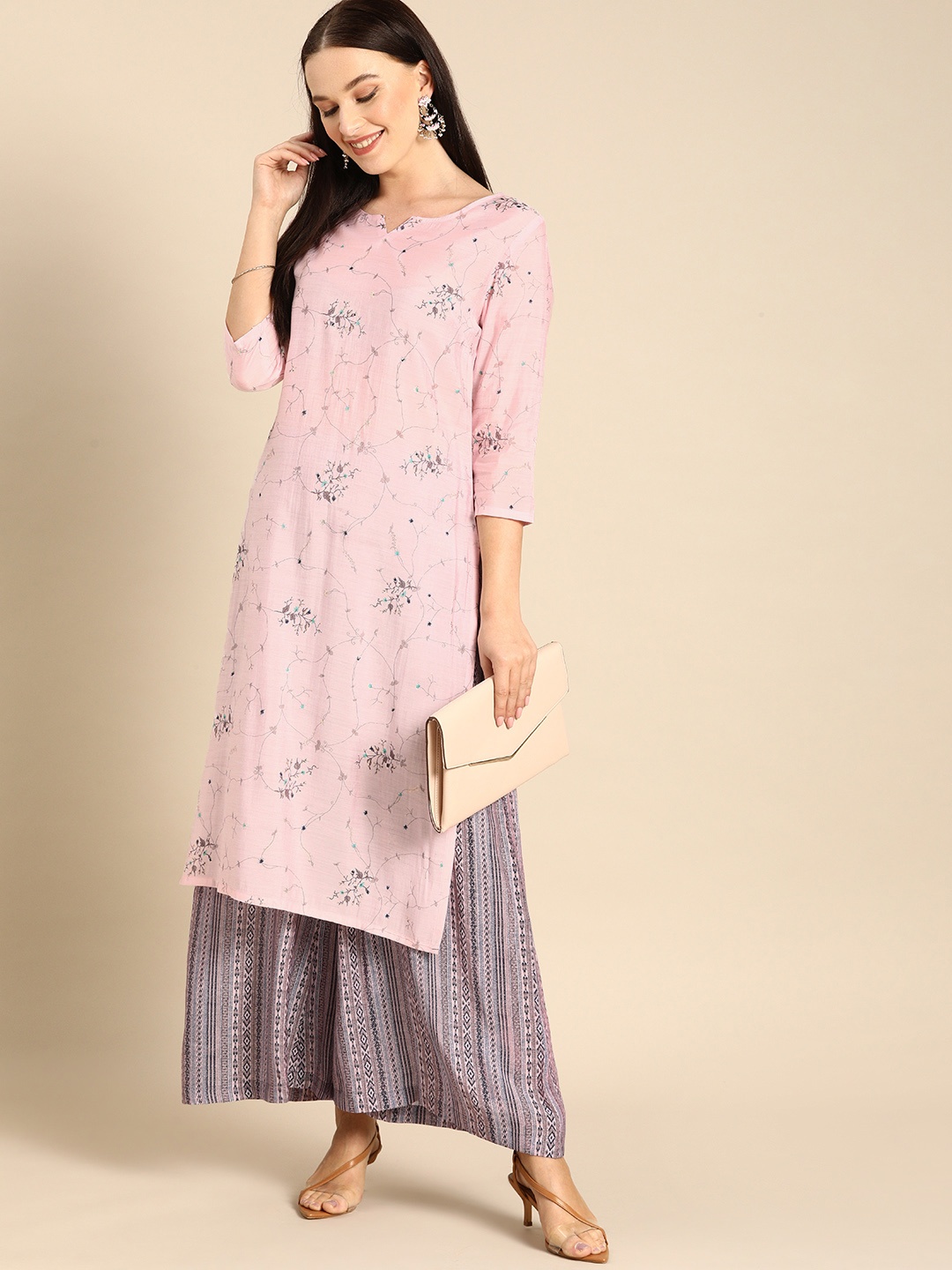 

Anouk Women Pink & Grey Printed Floral Kurta with Palazzos