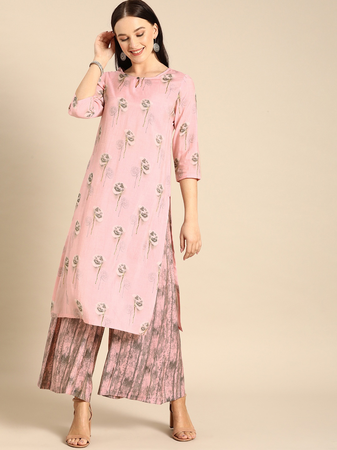 

Anouk Women Pink & Grey Floral Printed Kurta with Palazzos