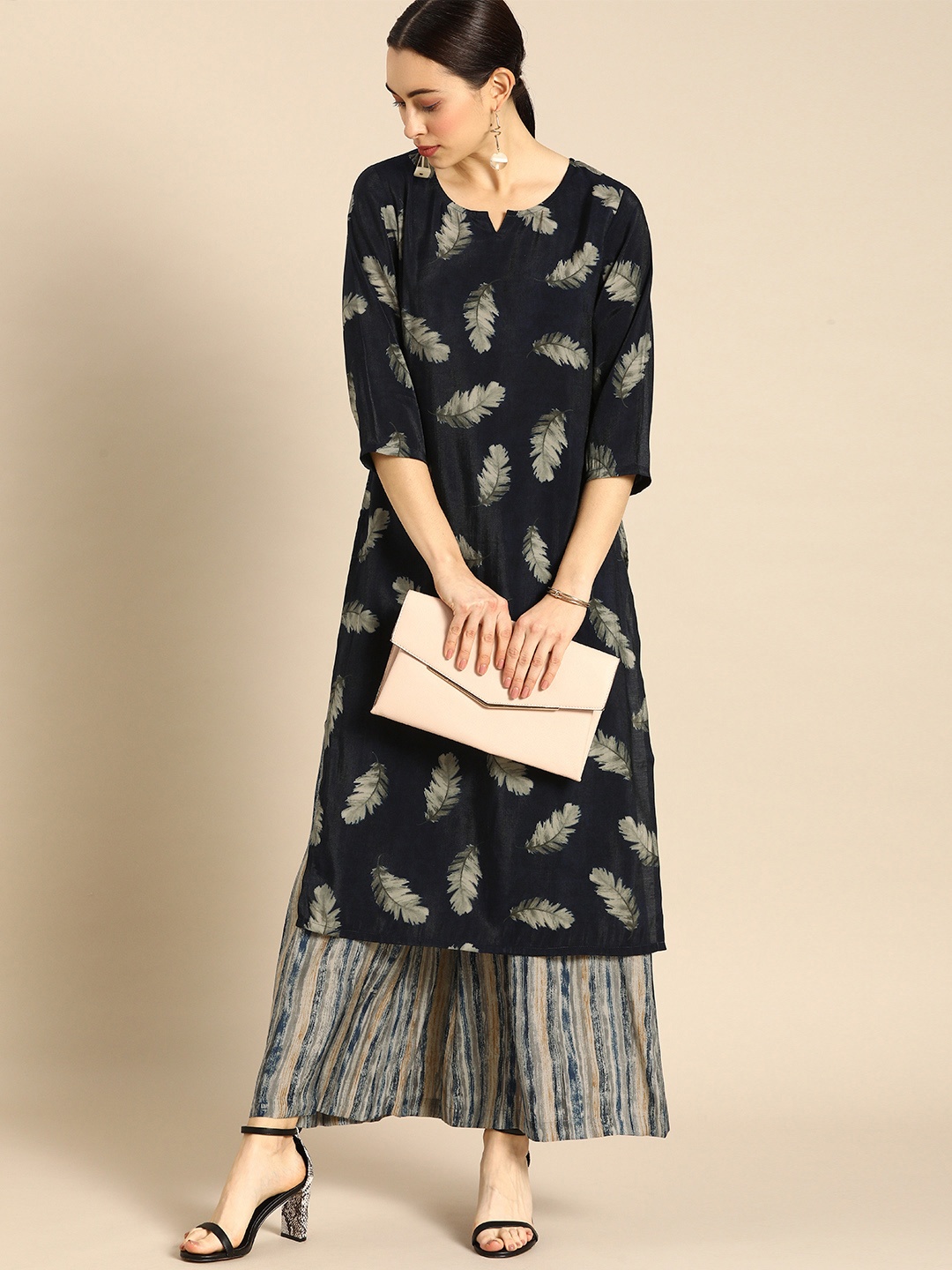 

Anouk Women Navy Blue & Grey Printed Kurta with Palazzos