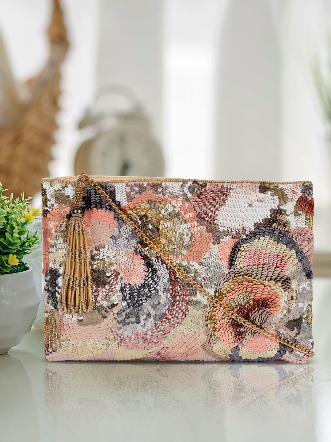 

Accessorize Peach-Coloured & Grey Sequined SERAPHINA Sling Bag