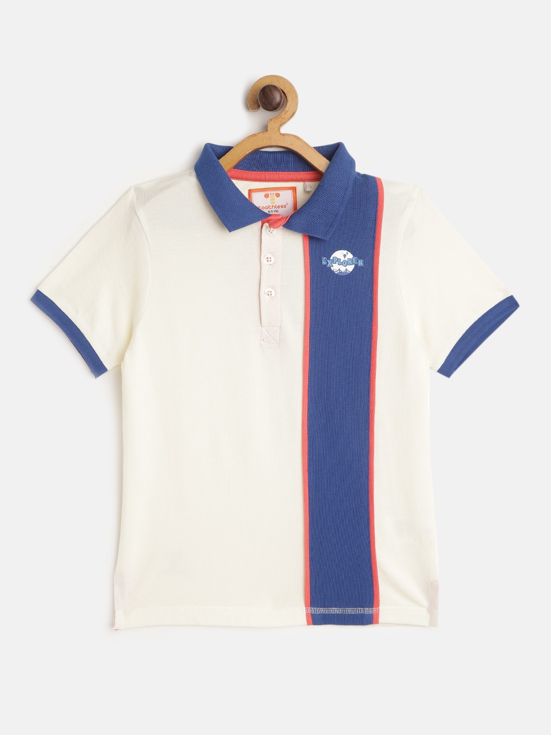 

toothless Boys Cream-Coloured Blue Colourblocked Pure Cotton Polo Collar Pure Cotton T-shirt