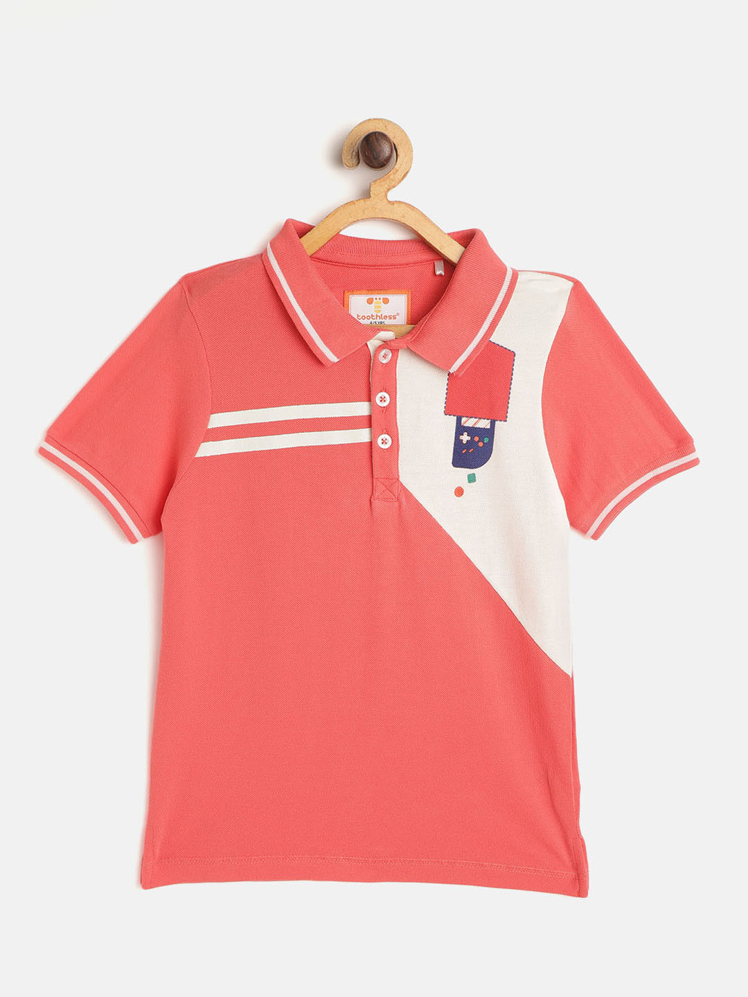 

toothless Boys Coral Pink Off-White Colourblocked Pure Cotton Polo Collar Pure Cotton T-shirt