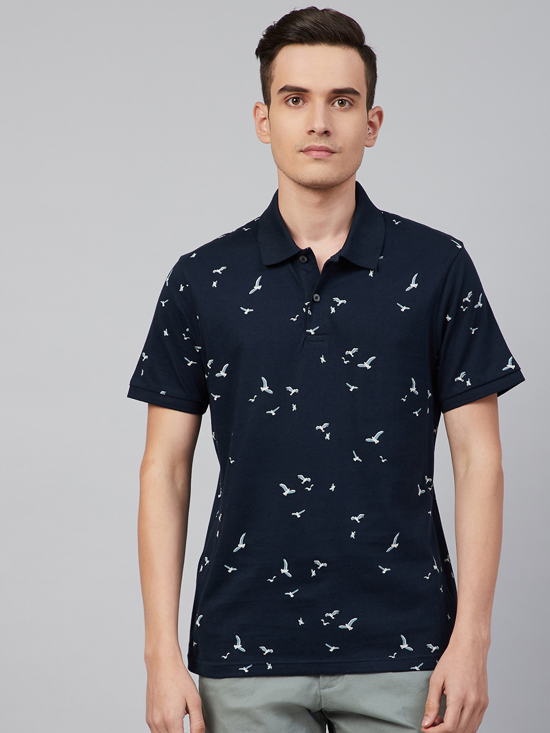 

Marks & Spencer Men Navy Blue Printed Cotton Polo Collar T-shirt