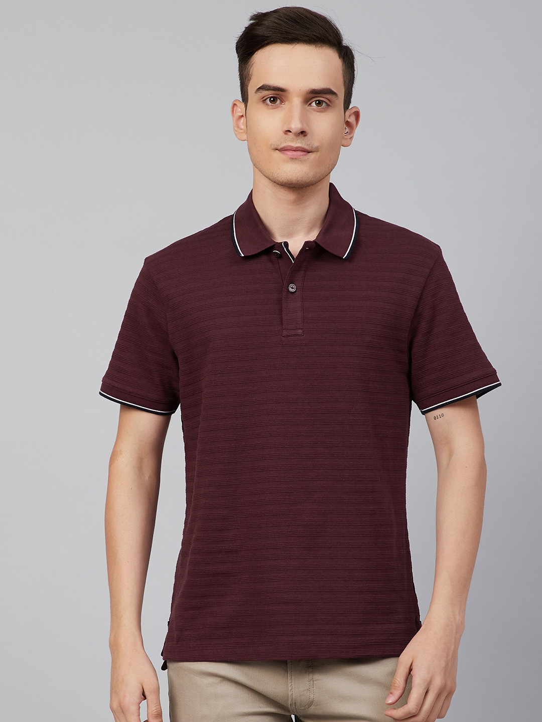 

Marks Spencer Blue Harbour Men Maroon Self-Striped Pure Cotton Polo Collar Pure Cotton T-shirt