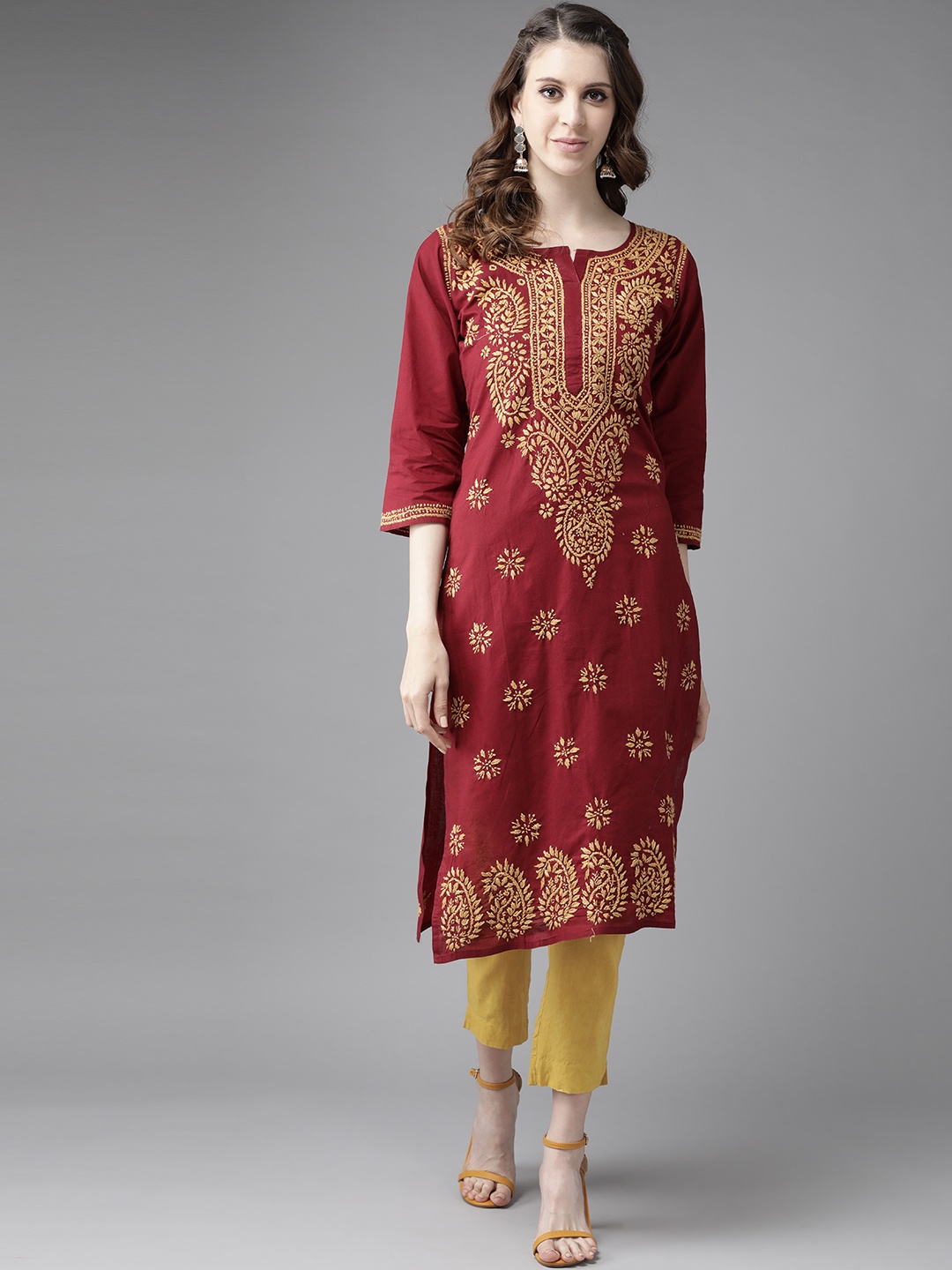 

ADA Women Maroon & Mustard Yellow Ethnic Motifs Embroidered Pure Cotton Chikankari Handloom Kurta