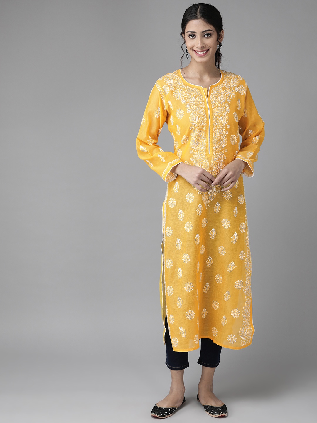 

ADA Women Yellow & White Sustainable Ethnic Motifs Hand Embroidered Chikankari Kurta