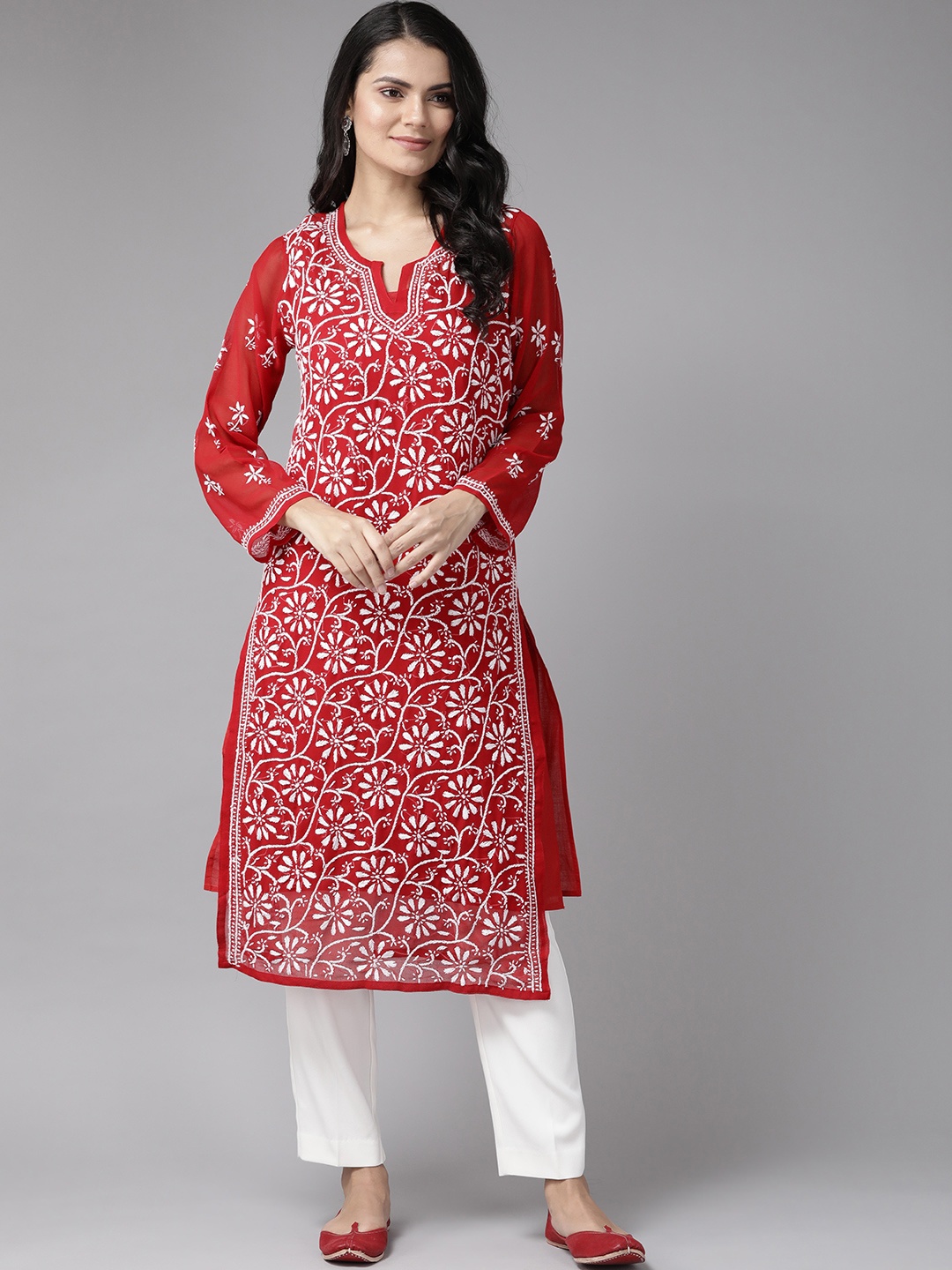 

ADA Women Red Ethnic Motifs Hand Embroidered Chikankari Sustainable Handloom Kurta with Inner Slip