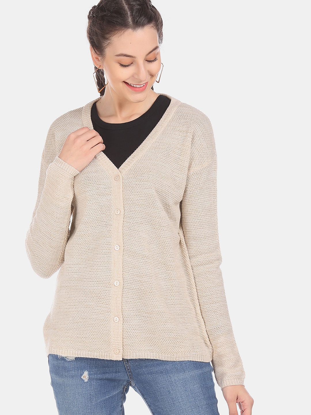 

Sugr Women Beige Self Design Cardigan Sweater