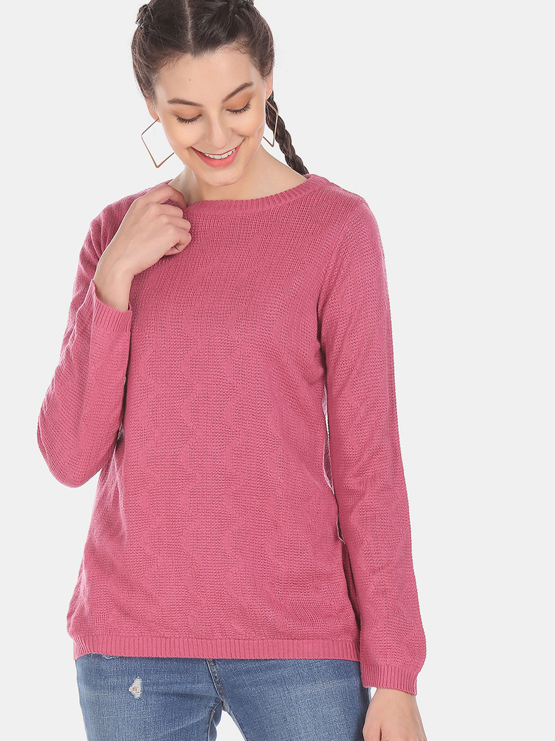 

Sugr Women Pink Self Design Pullover Sweater