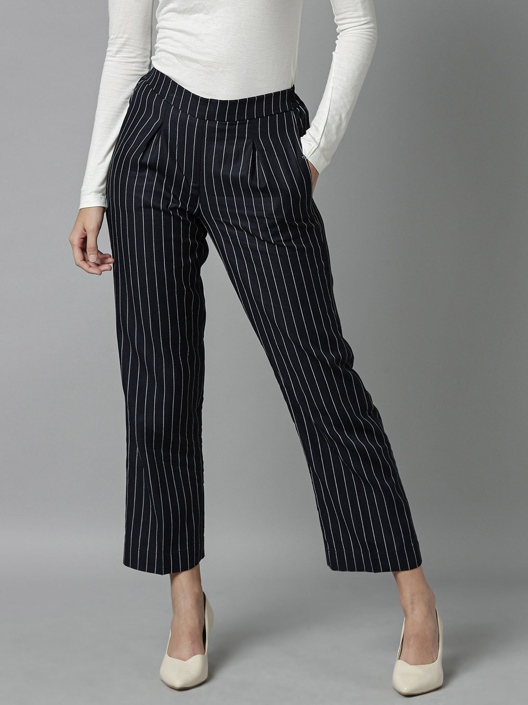 

RAREISM Women Navy Blue & White Straight Fit Striped Regular Trousers