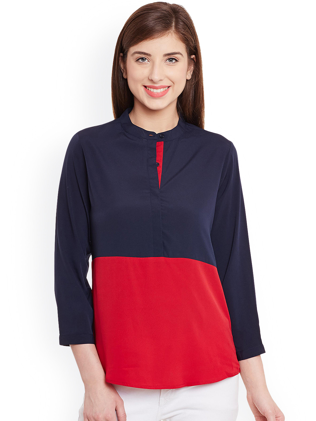 

PURYS Navy & Red Colourblock Crepe Top, Navy blue