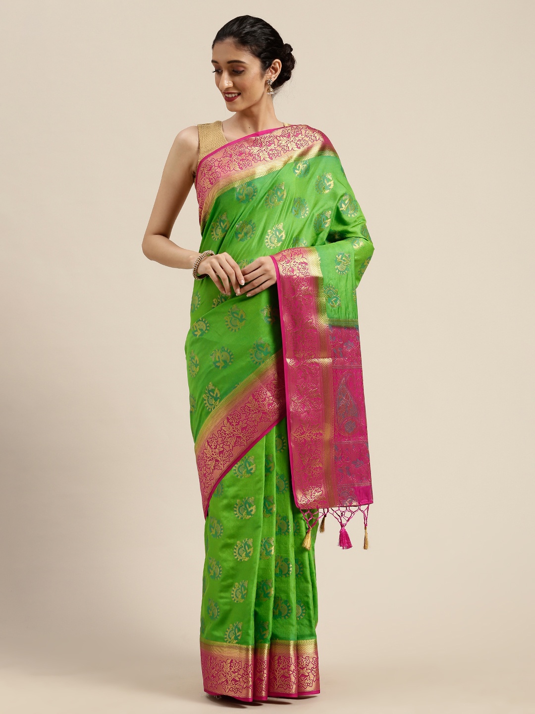 

MIMOSA Green & Gold-Toned Art Silk Woven Design Kanjeevaram Saree