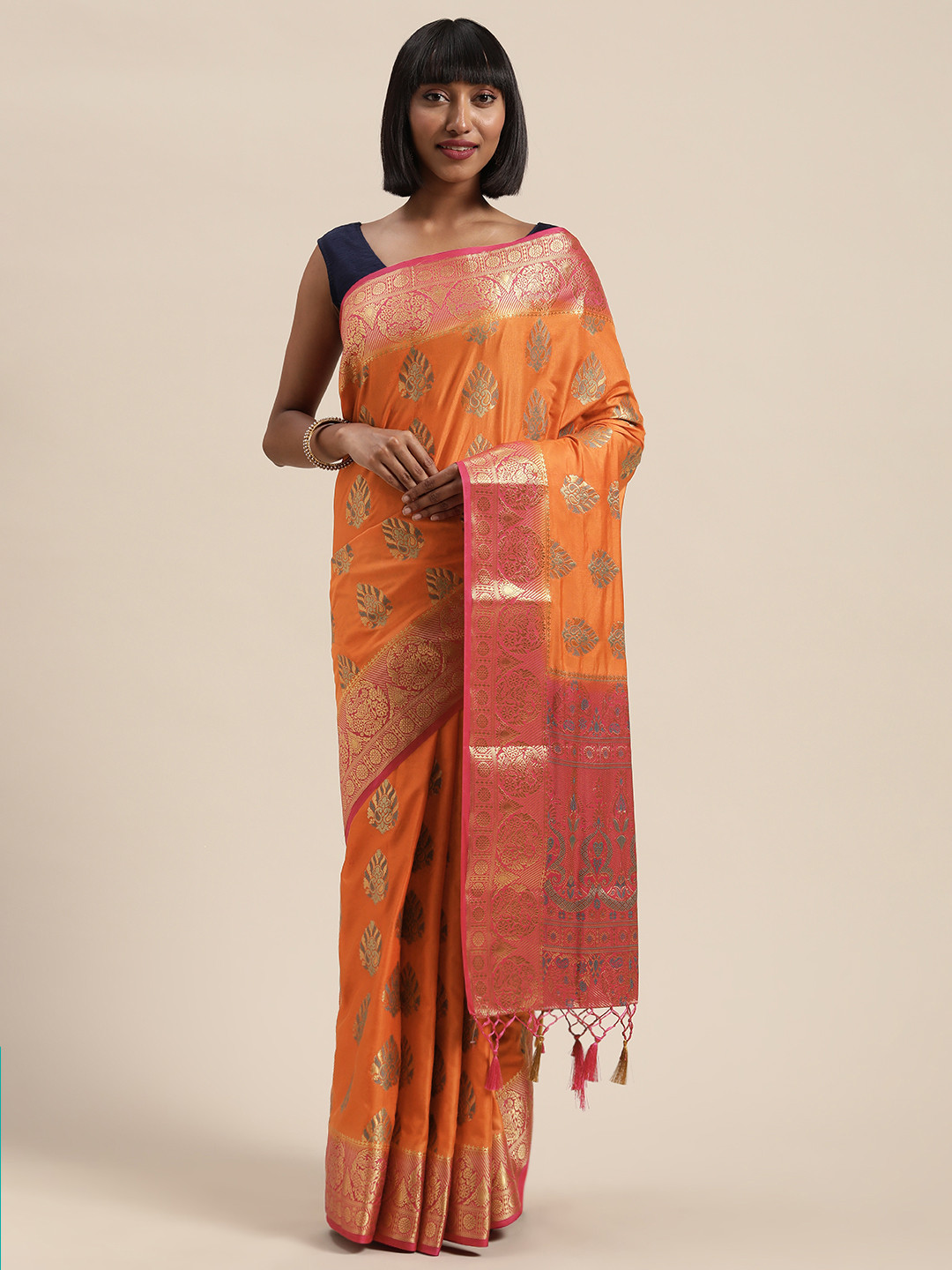 

MIMOSA Orange & Gold-Toned Woven Design Kanjeevaram Saree