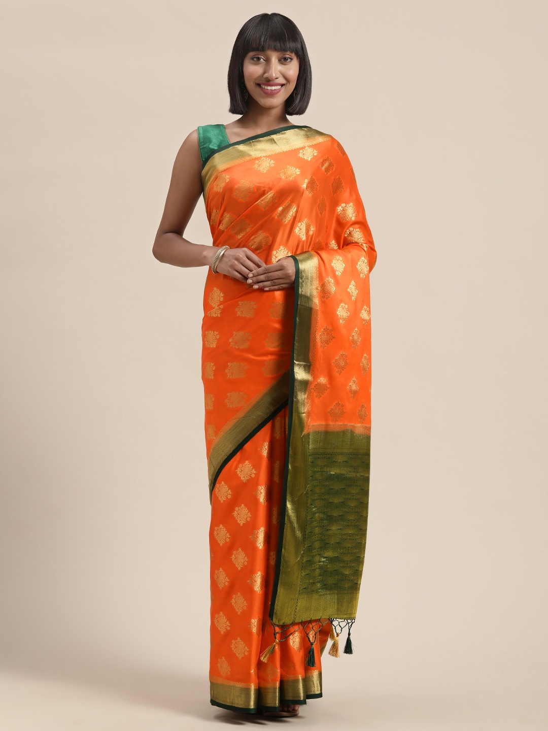 

MIMOSA Orange & Gold-Toned Poly Crepe Woven Design Mysore Silk Saree