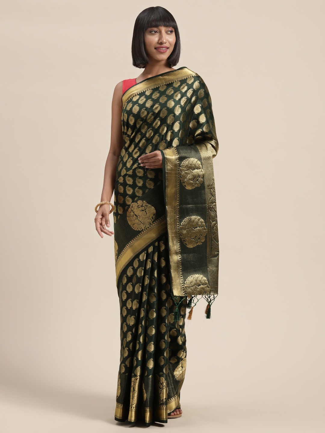 

MIMOSA Green & Gold-Toned Art Silk Woven Design Kanjeevaram Saree