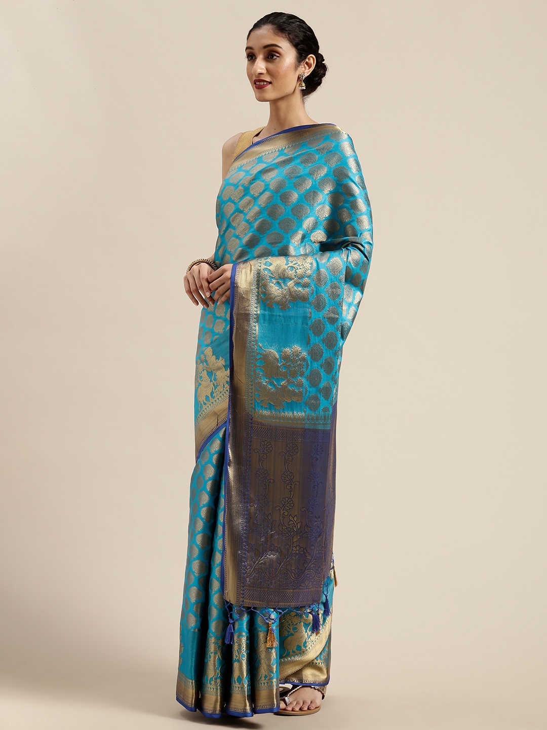 

MIMOSA Turquoise Blue & Gold-Toned Art Silk Woven Design Kanjeevaram Saree