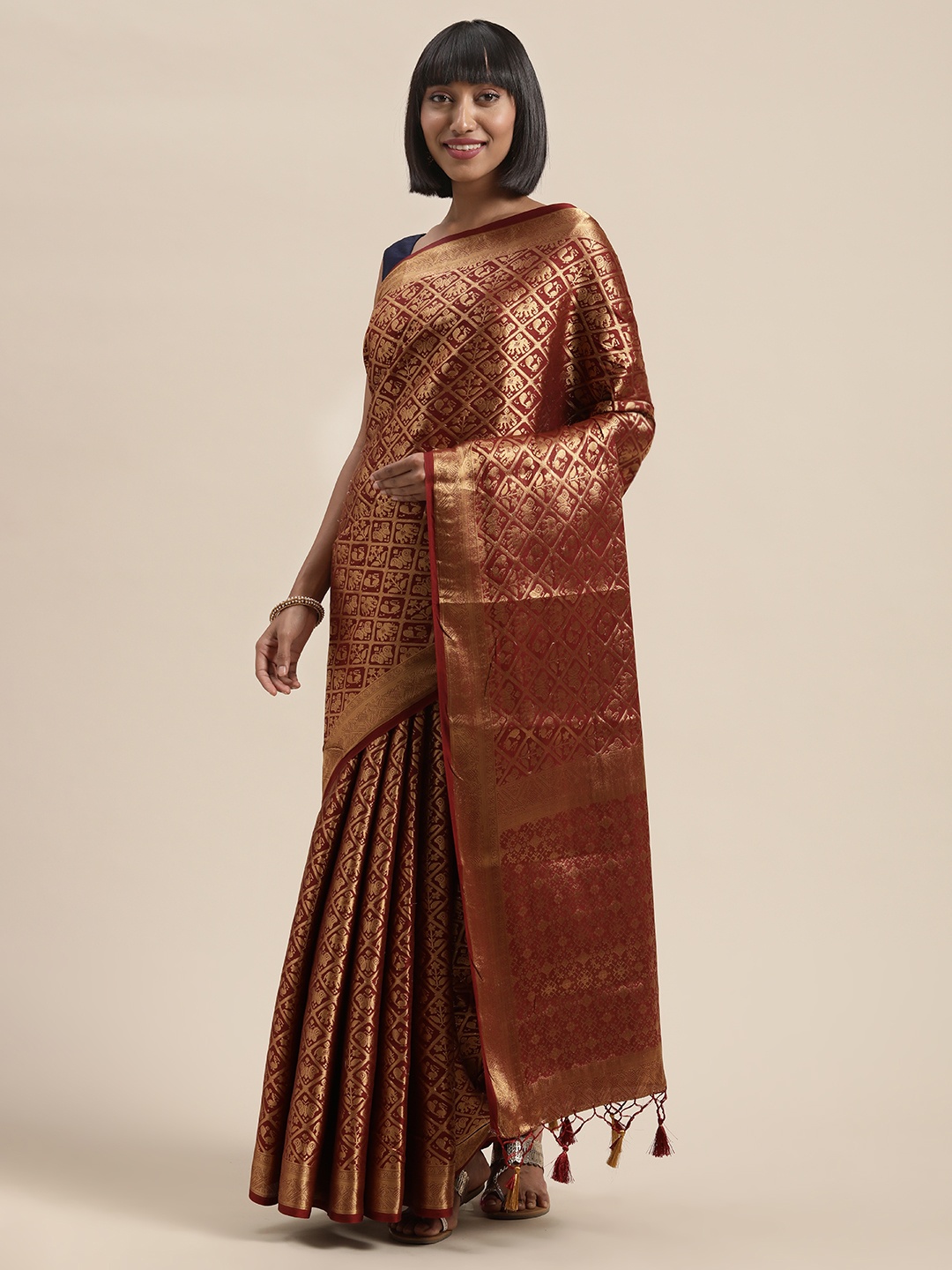 

MIMOSA Maroon & Gold-Toned Woven Design Mysore Silk Saree