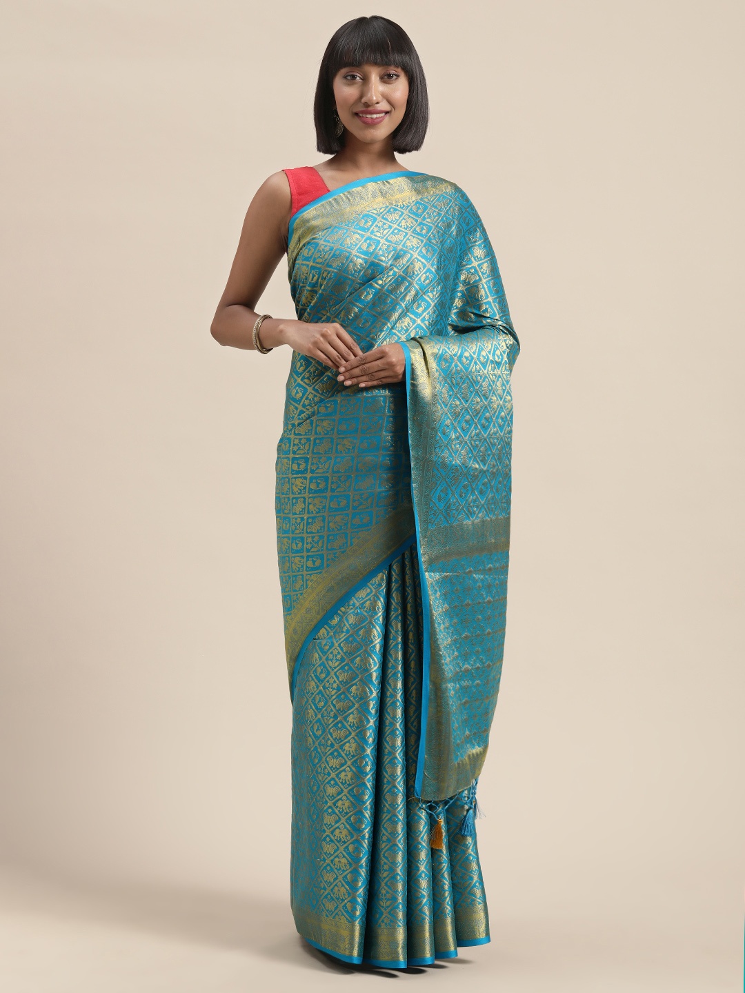 

MIMOSA Turquoise Blue & Gold-Toned Poly Crepe Woven Design Mysore Silk Saree