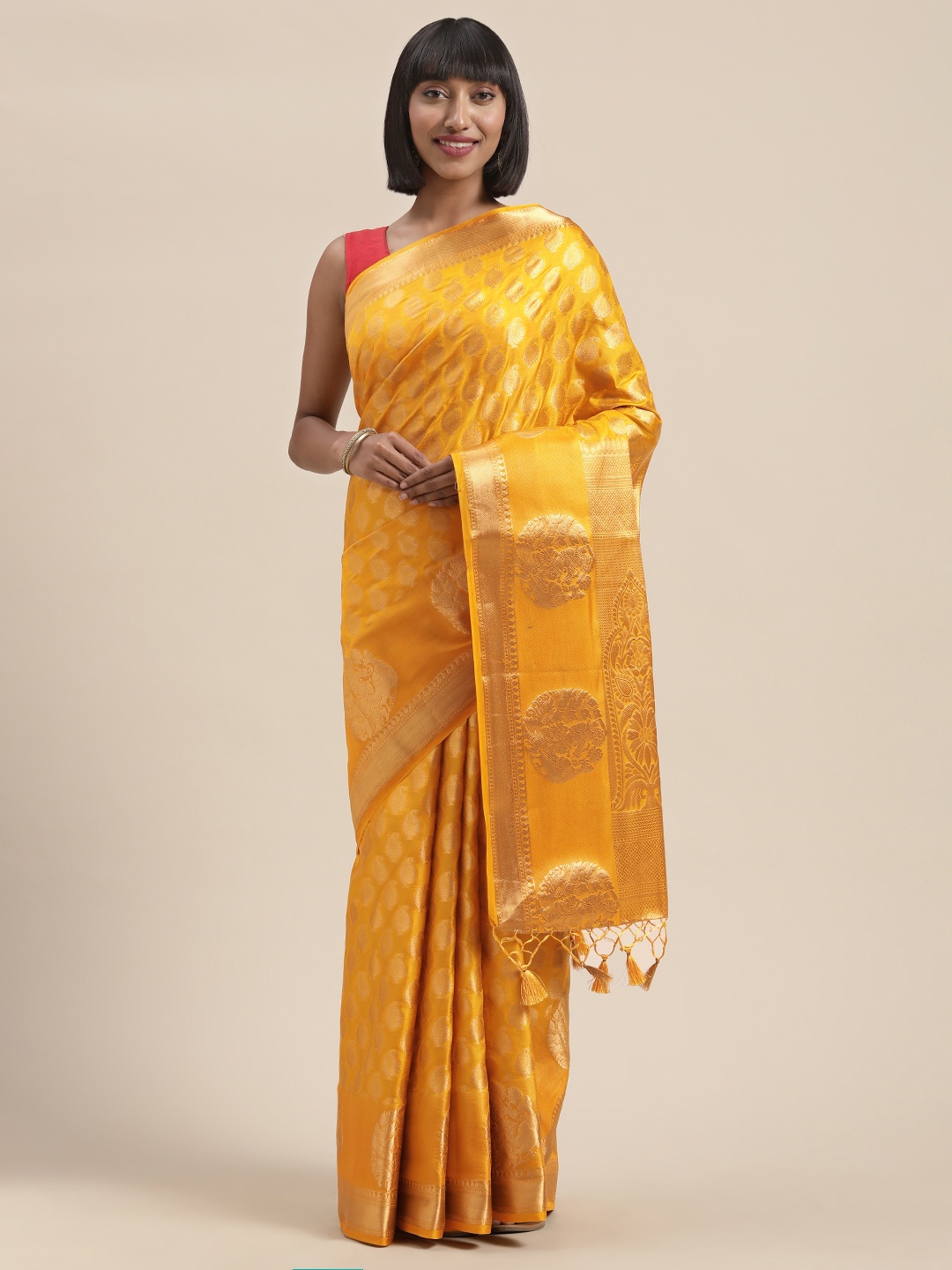 

MIMOSA Mustard Yellow & Gold-Toned Art Silk Woven Design Kanjeevaram Saree
