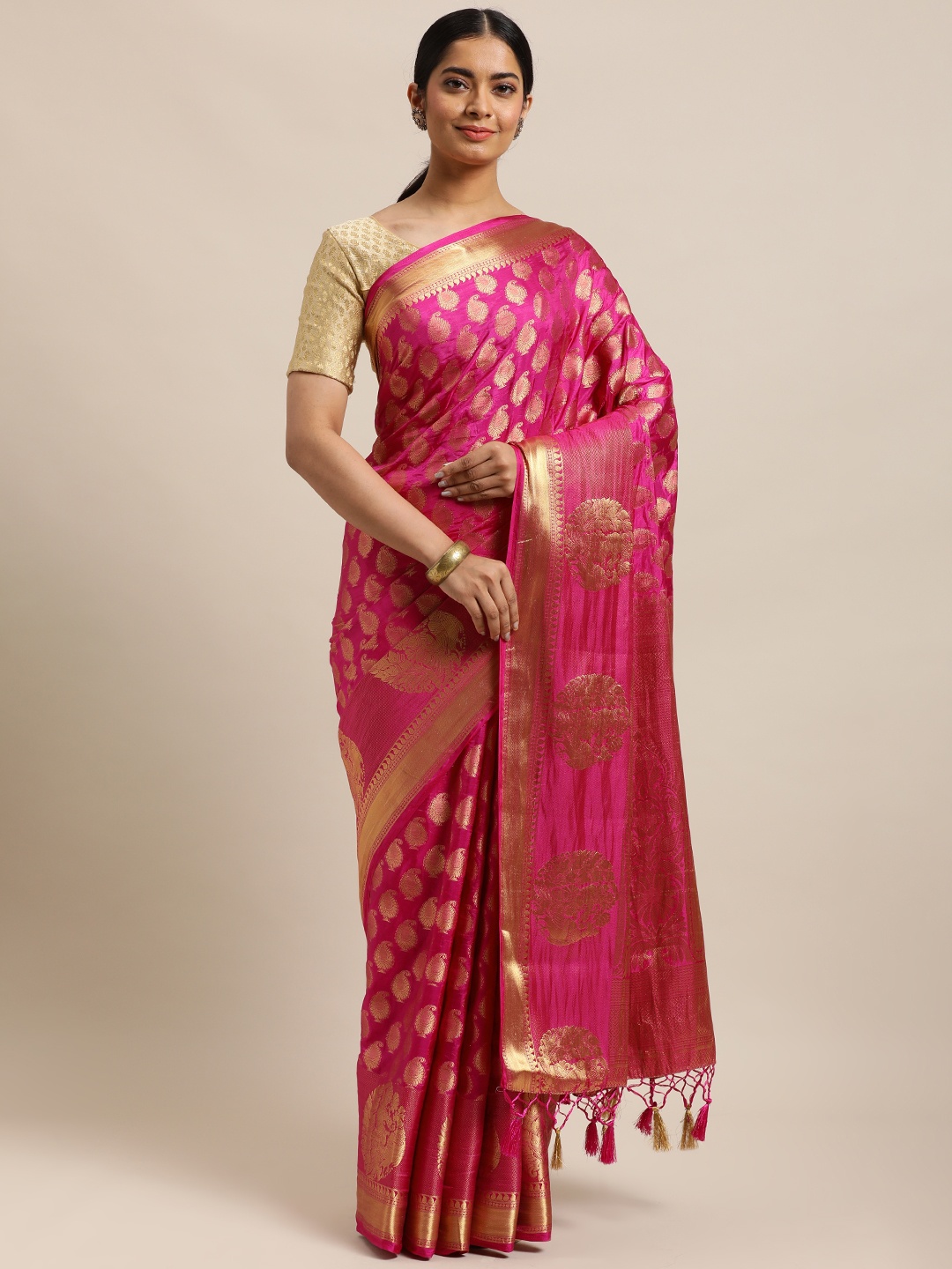 

MIMOSA Pink & Golden Paisley Zari Art Silk Kanjeevaram Saree