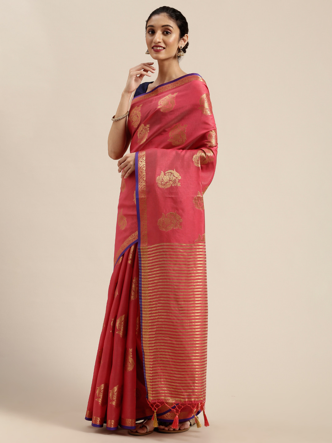 

MIMOSA Pink & Gold-Toned Art Silk Woven Design Kanjeevaram Saree