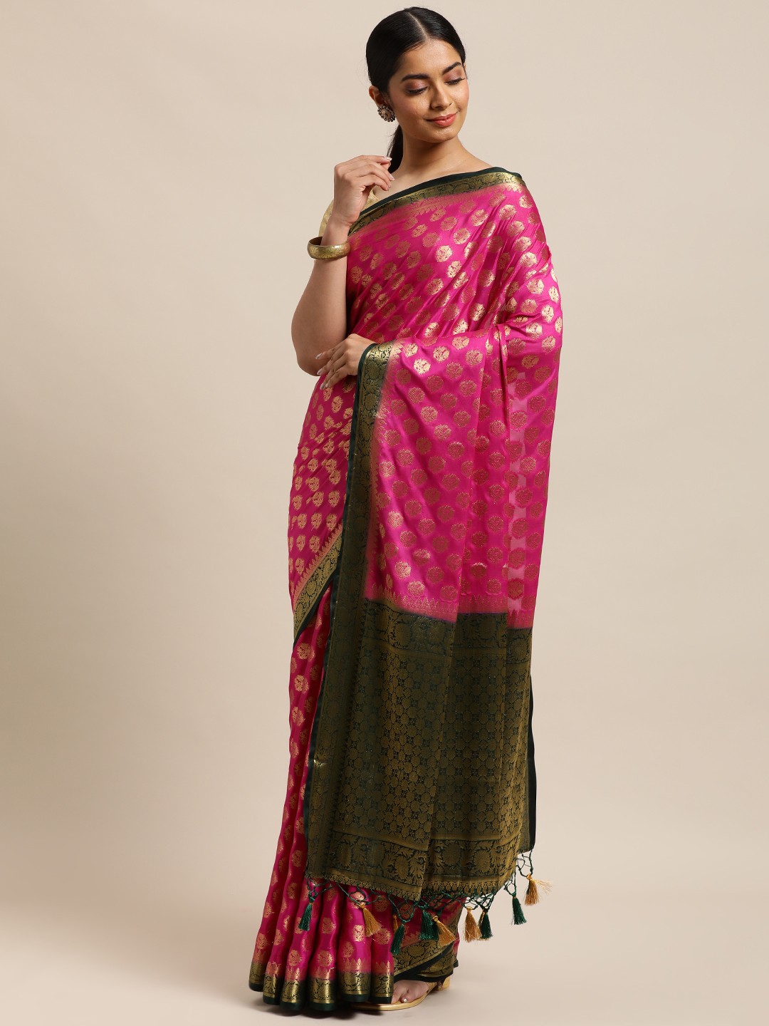 

MIMOSA Pink & Navy Blue Ethnic Motifs Zari Mysore Silk Saree