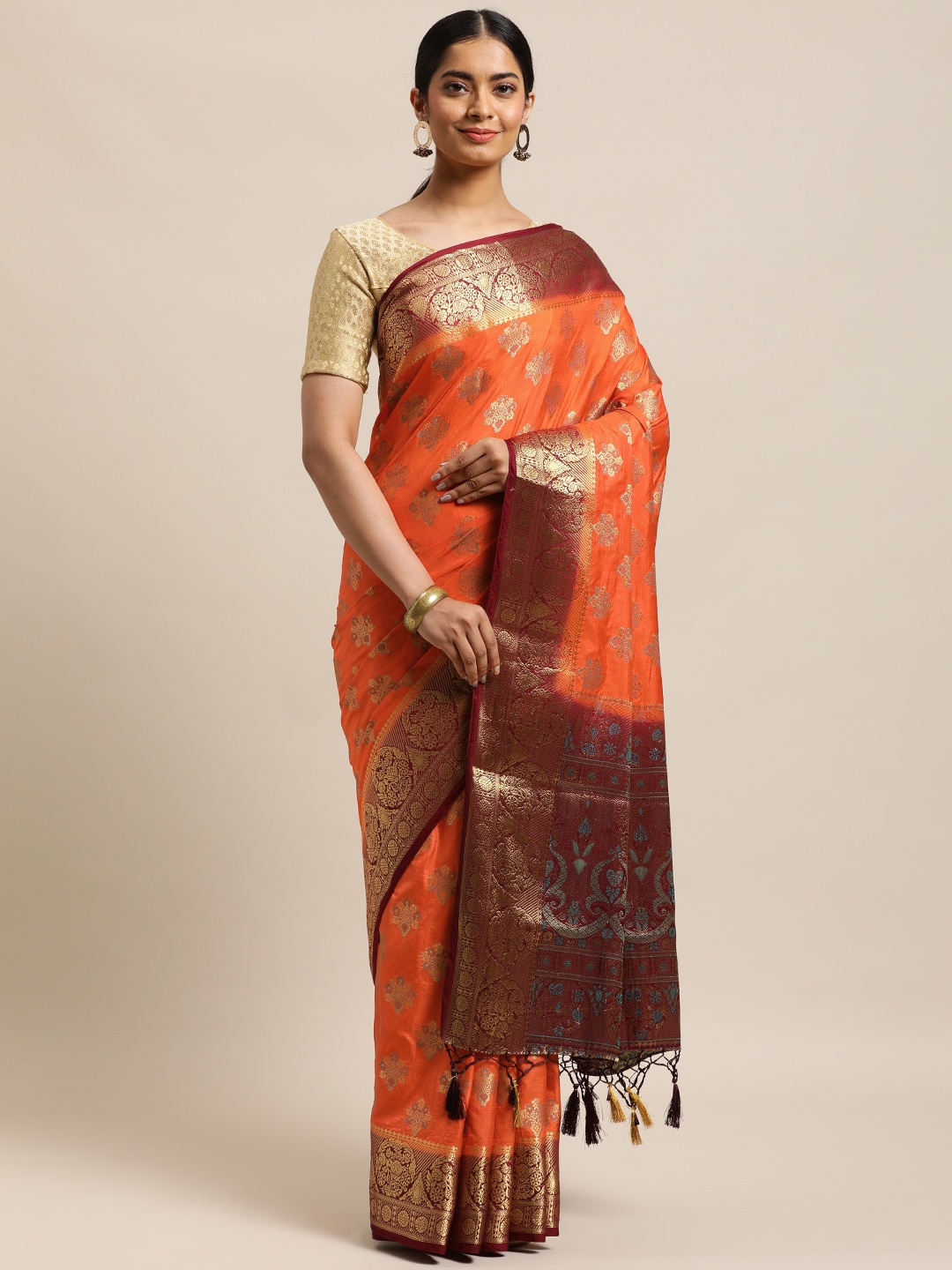 

MIMOSA Orange & Golden Floral Woven Design Zari Art Silk Kanjeevaram Saree