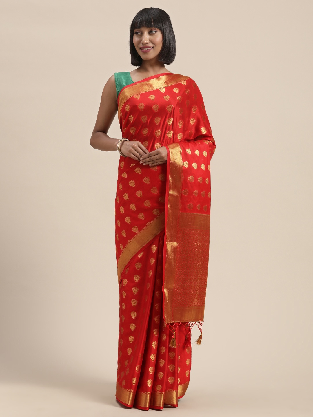 

MIMOSA Red & Gold-Toned Poly Crepe Woven Design Mysore Silk Saree