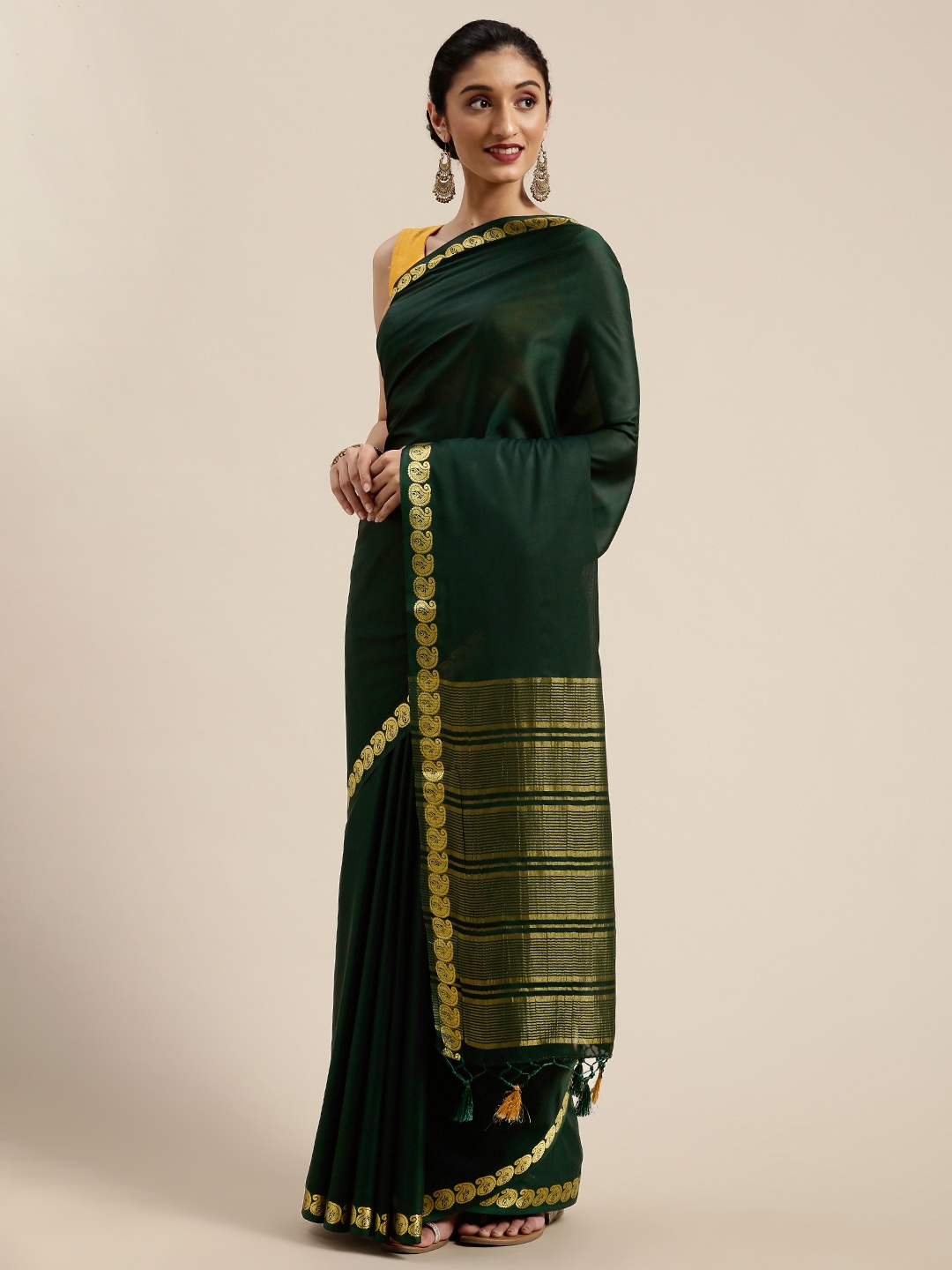 

MIMOSA Green Poly Crepe Solid Mysore Silk Saree